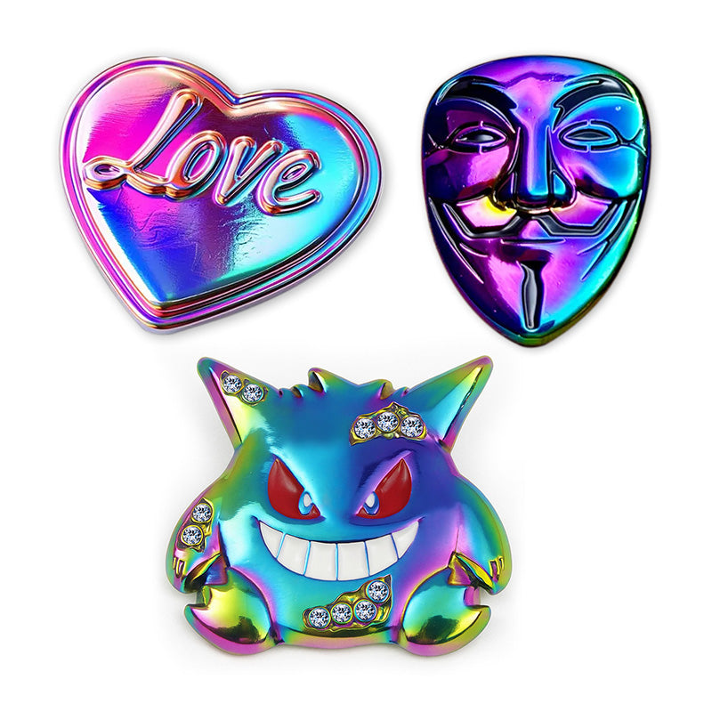 Custom 3D pin with rainbow anodized plating; vibrant color-shift finish