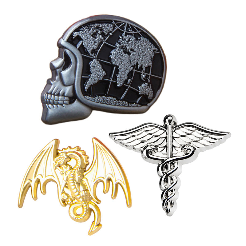 Custom 3D pin case sample; polished metal details and 3D sculpt; premium custom pin.