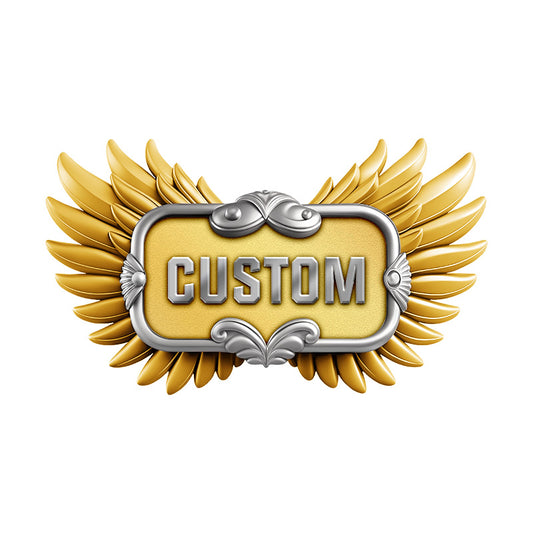 custom 3D metal pin with rectangle frame and sculpted wings, gold plated for premium finish