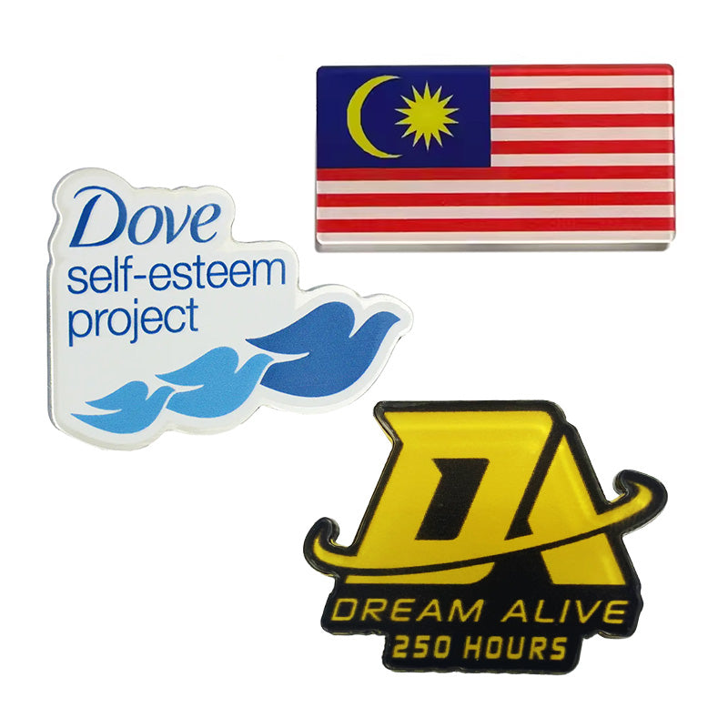 Custom acrylic pin with full-print, edge-to-edge artwork; custom acrylic pins.