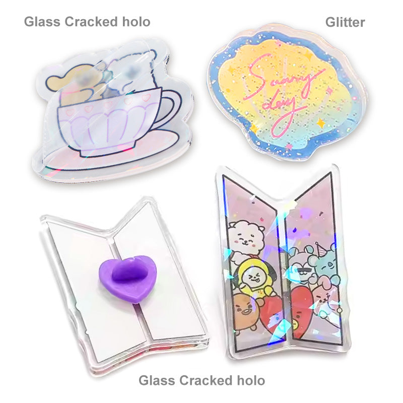 Custom acrylic pin with glitter effect; sparkling finish and vivid colors