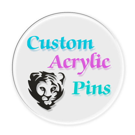 round acrylic pin with clear base and full-color printed logo and text