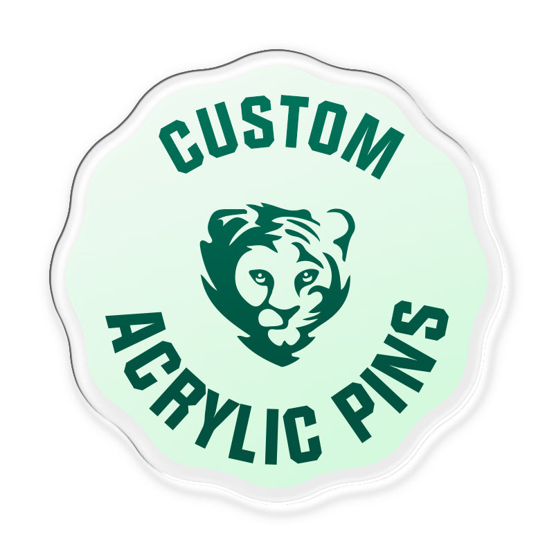 full-bleed acrylic pin with wavy round edge and edge-to-edge printed design