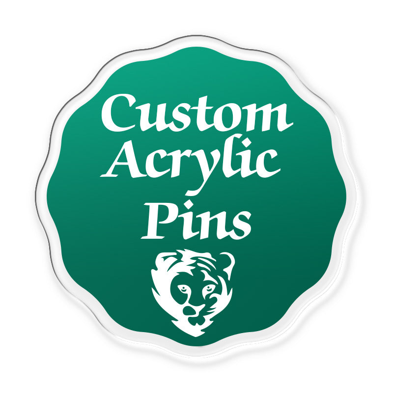 wavy-edge acrylic pin with single or double-sided full-color print options