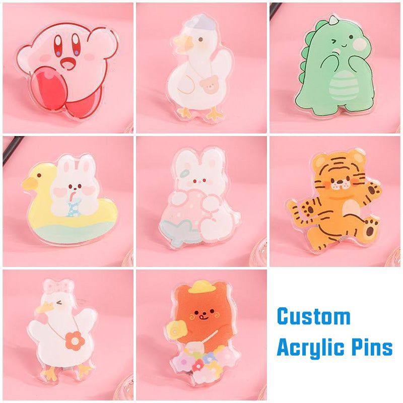 Custom acrylic pin in cute style; clear base with full-color print; lightweight and durable.
