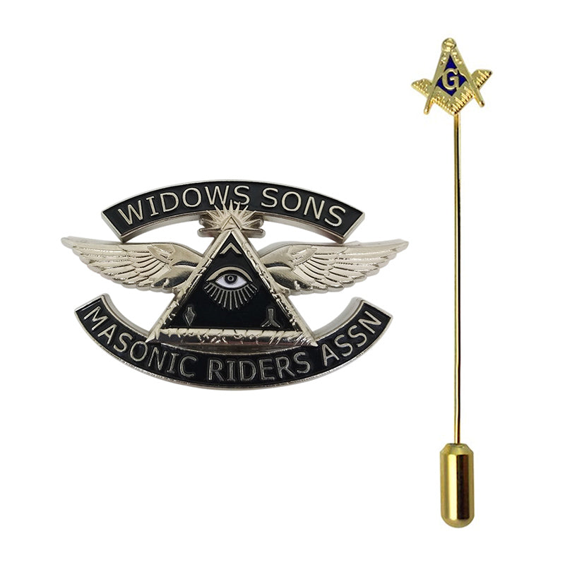 Custom Masonic Pins In Silver And Gold Finishes Featuring Two Distinct Enamel Badges With 3D Raised All-Seeing Eye And Masonic Compass Square Designs And Custom Text