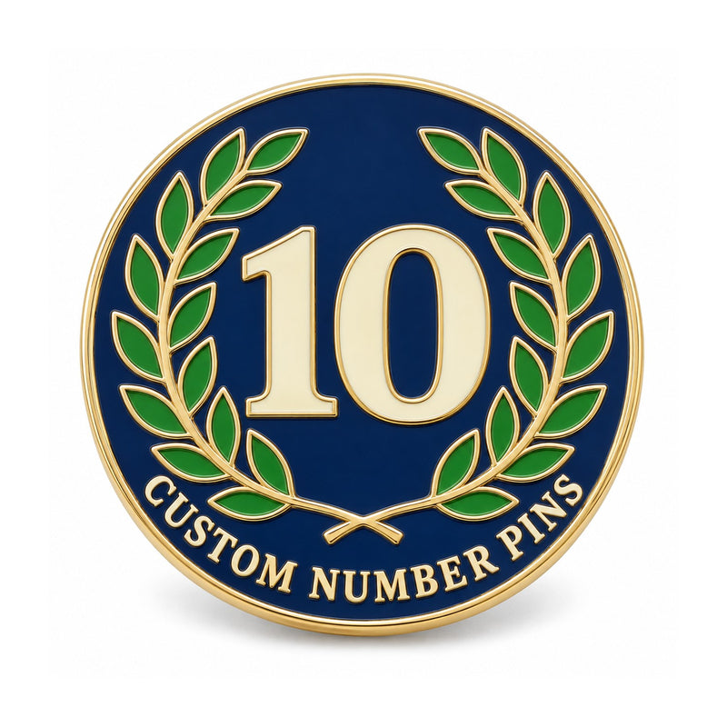 Gold number 10 custom pin with green laurel leaves and navy enamel