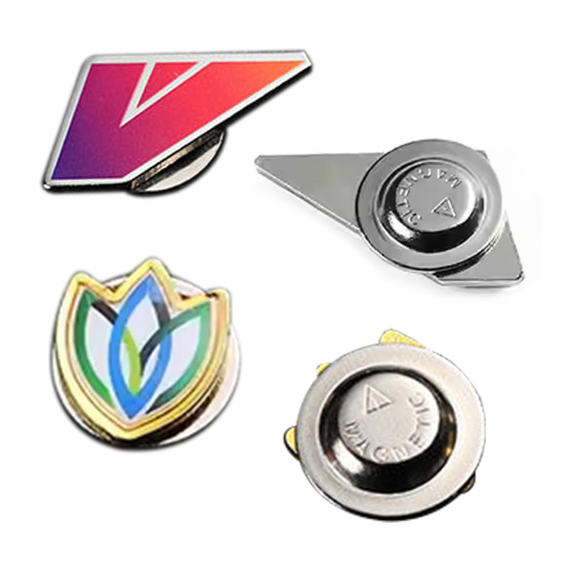 Custom printed pin with magnetic backing; front and back display; no pin post needed.