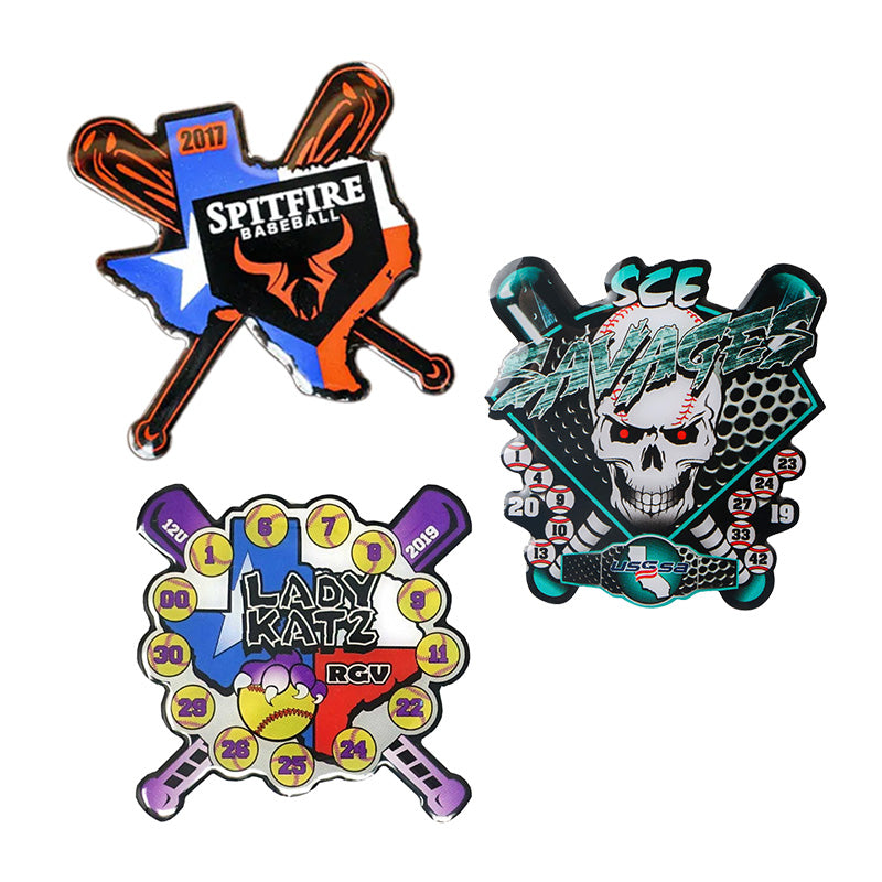 Custom printed baseball pin; UV printed sports design; team branding; sample display.