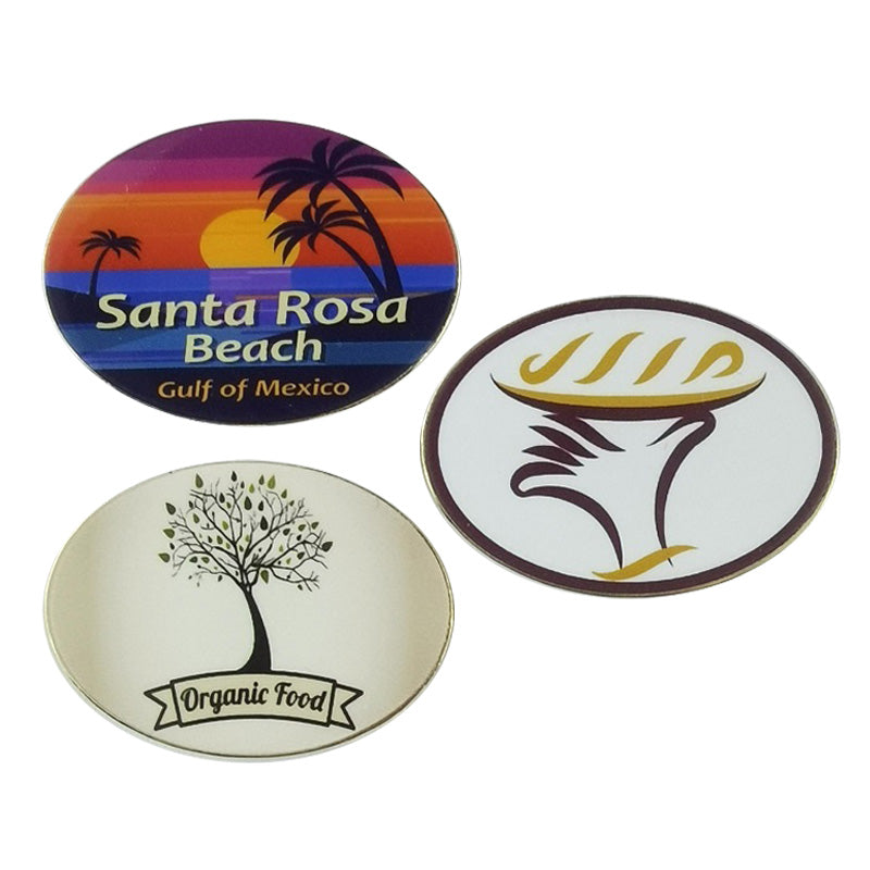 Custom printed pin with brand logo; UV printing; sharp details; promotional custom pins.