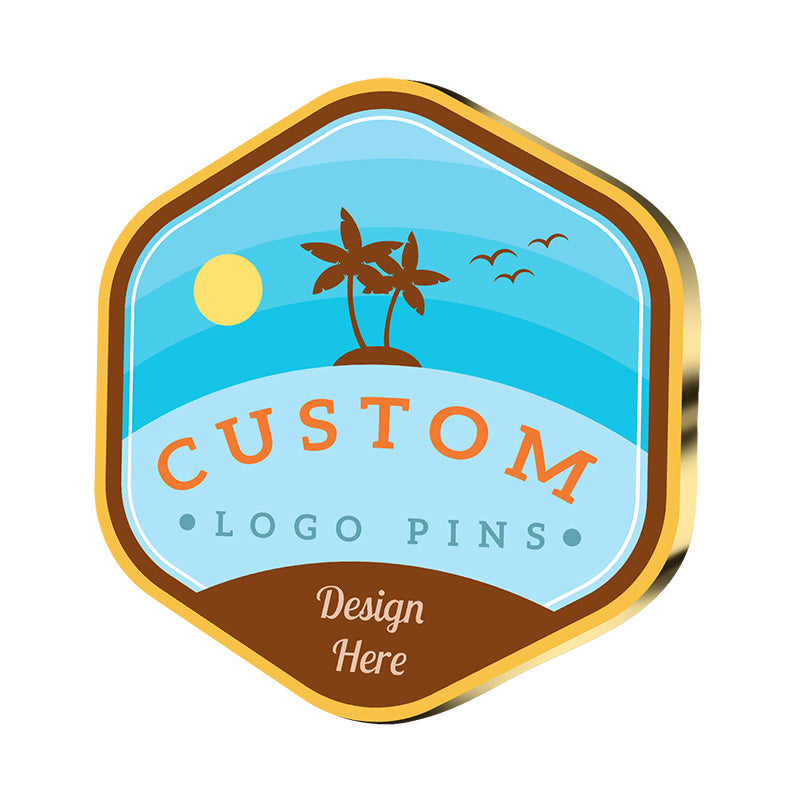hexagonal metal pin with UV printed design, available in single or double-sided printing