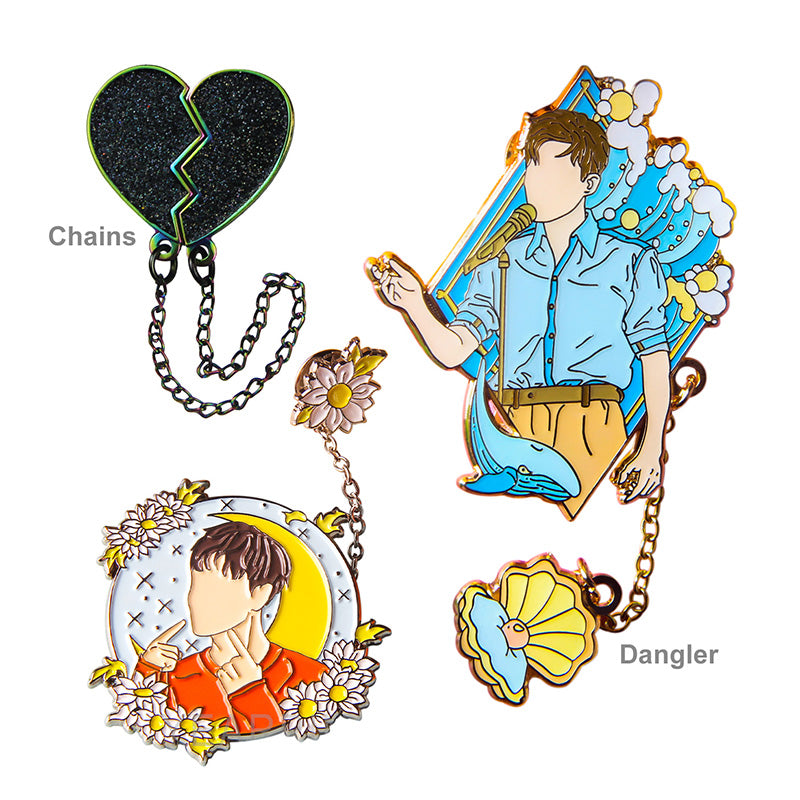 Custom soft enamel pin with dangler chain collar; moving charm; layered metal design.