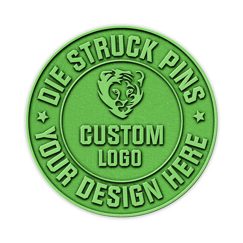 round die struck pin with metallic green plating for a bold custom finish