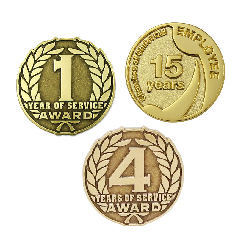 Custom die struck award service pin; raised metal detail; classic recognition pin.
