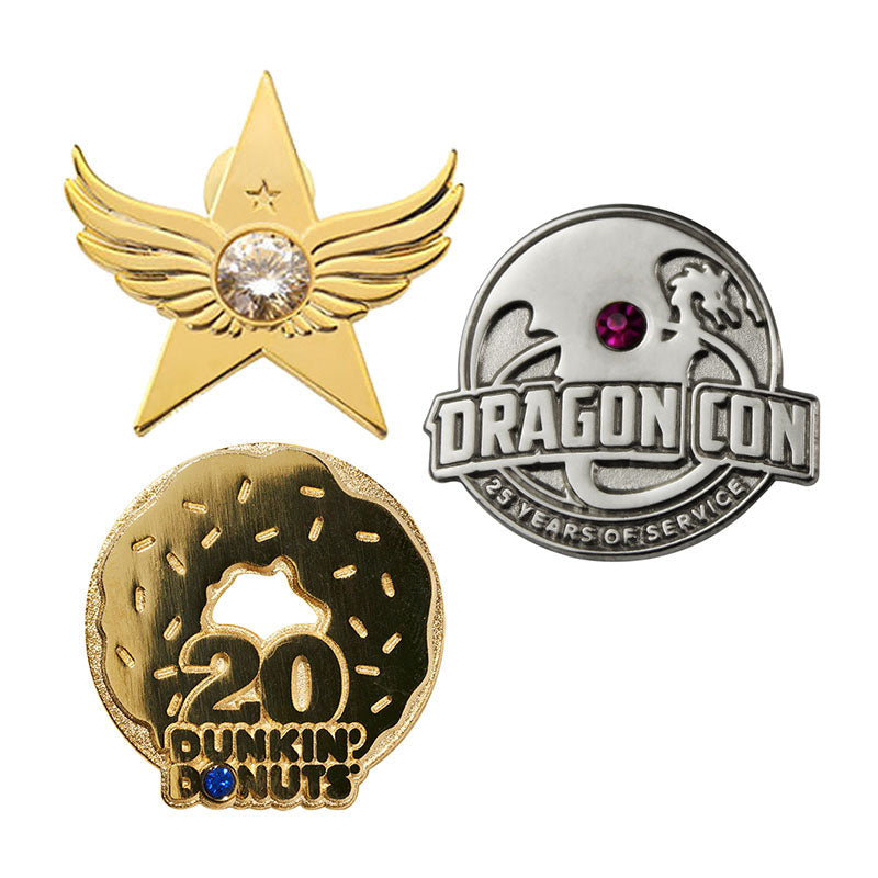 Custom die struck pin with gemstones; decorative stones set in metal; premium style.