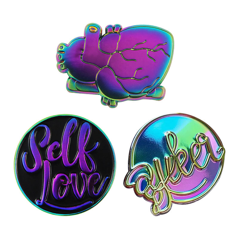 Custom die struck pin with rainbow anodized-style plating; color-shifting finish.
