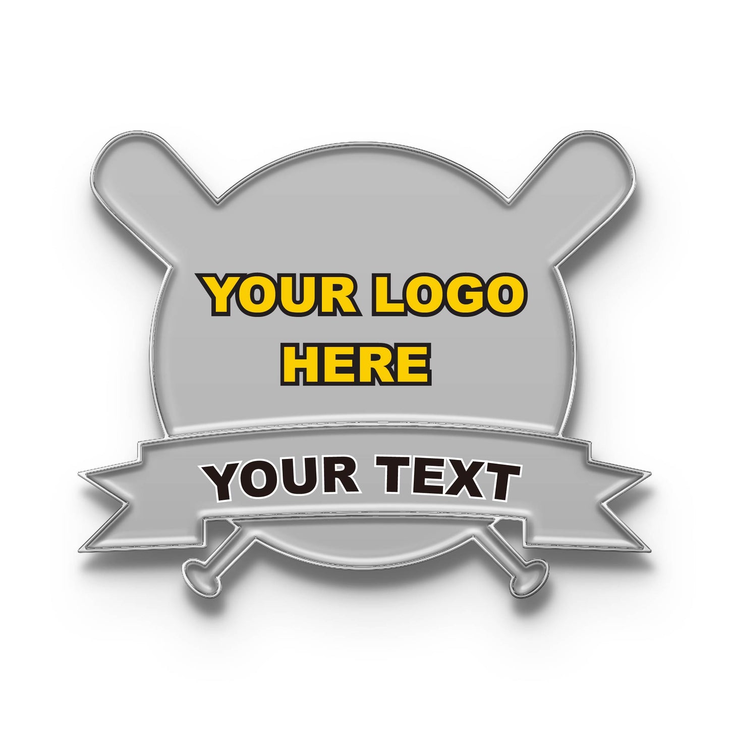 Custom softball trading pin template in silver with a yellow ball, crossed bats, and areas for your custom logo and team text.