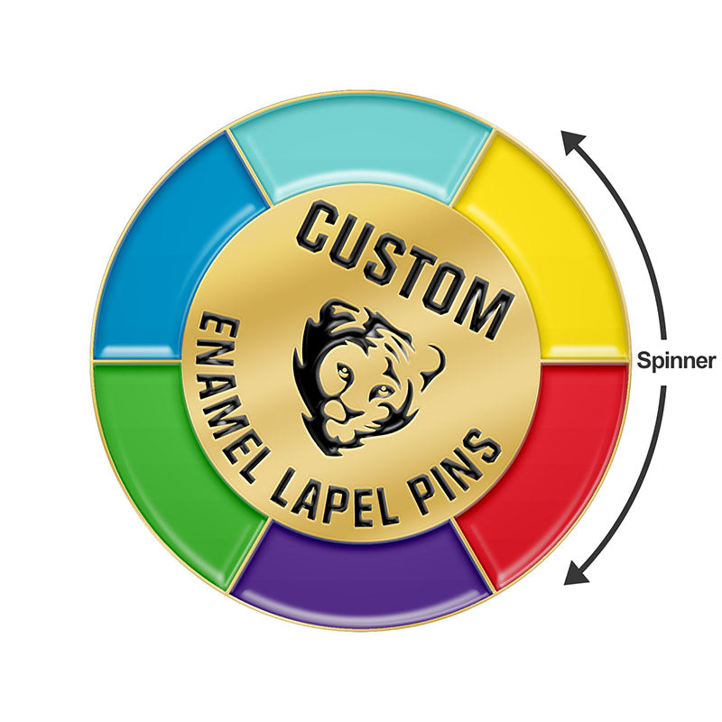 Custom spinner pin featuring a rotating gold center with a tiger logo and vibrant multi-colored enamel segments.