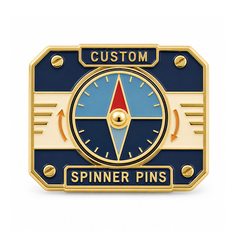 Gold custom spinner pin with a blue and red rotating compass design