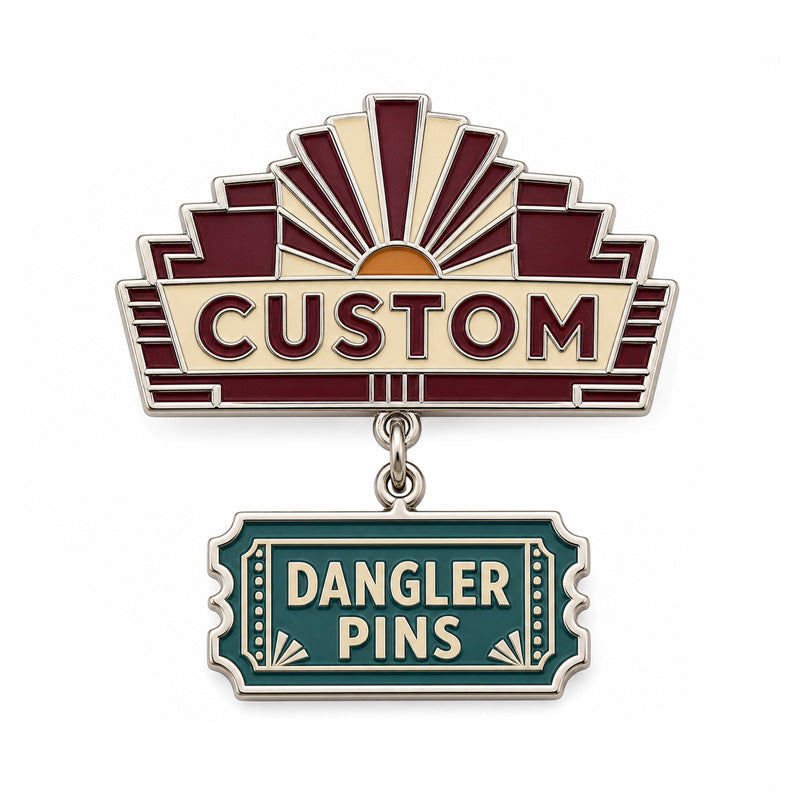 Silver custom dangler pin with burgundy sunburst and teal ticket charm