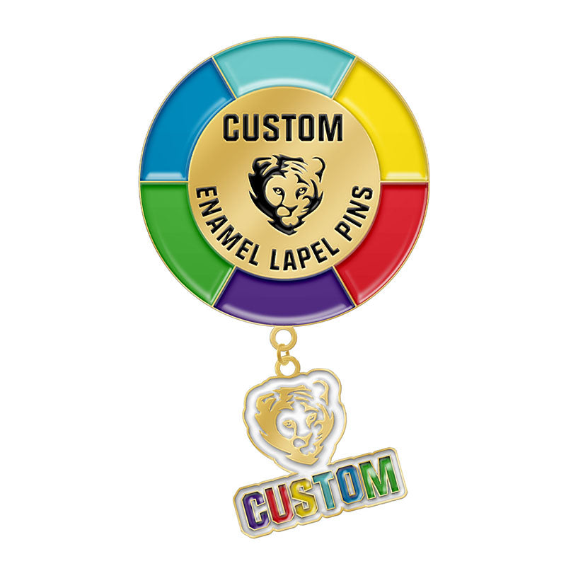 Custom pin dangler featuring an enamel lapel pin base with a small, suspended custom charm.