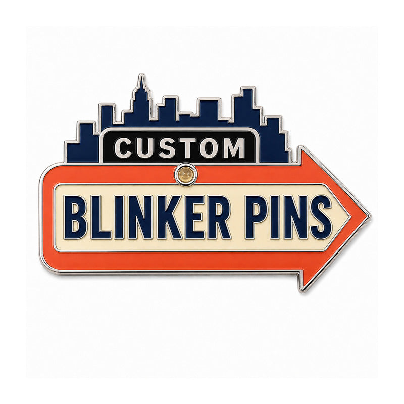 Custom blinker pin with orange arrow, city skyline and centered light