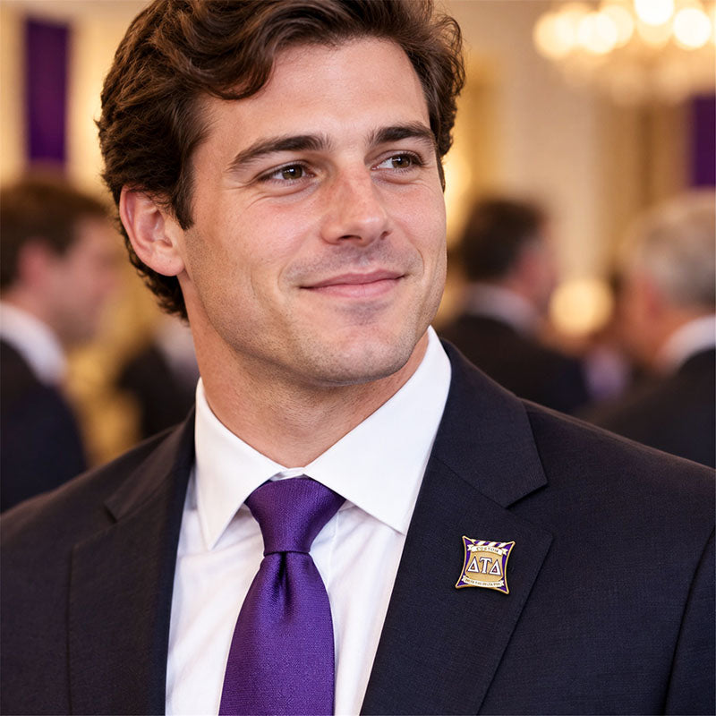 Custom Delta Tau Delta pin worn on formal attire in a fraternity event setting