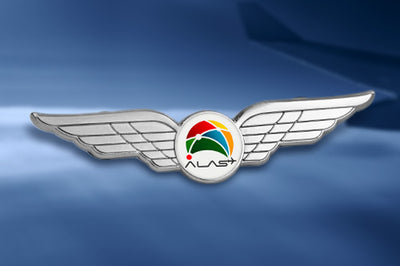 Custom Pilot Wings Pin Silver With 3D Sculpted Wings and Color-Enameled Roundel Featuring Custom 'ALAST' Text for Aviation Industry Professional Recognition