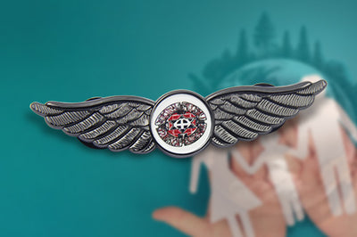 Custom Pilot Wings Pin With Ornate Design on Blue Global Unity Background for Philanthropic Foundation Recognition