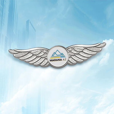 Custom Pilot Wings Pin With 3D Silver Wings and Custom Marana AZ Mountain Logo for Municipal Government Employee Recognition