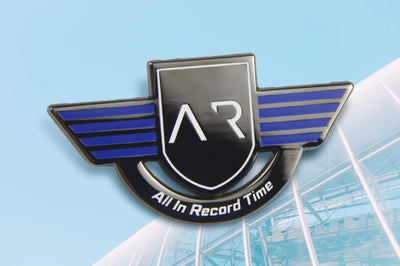 Custom Pilot Wings Pin Silver In Medical Software Corporate Identity Case With Winged Design And Shield Center Featuring Custom 'AR' Logo And 'All In Record Time' Text