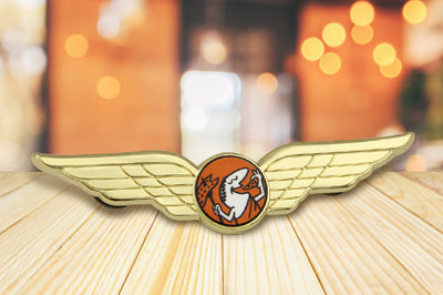 Custom Pilot Wings Pin Gold In Catering Industry Corporate Identity Case With 3D Wings And Circular Center Featuring Detailed Waiter Graphic