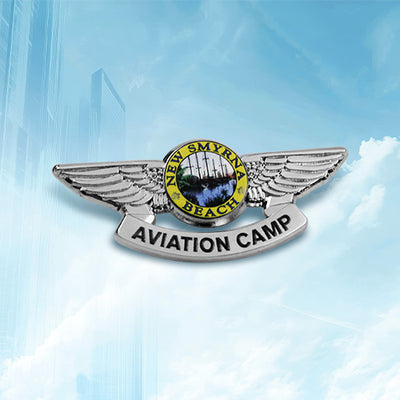Custom Pilot Wings Pin Silver Plated With 3D Raised Design Featuring Scenic Landscape Art and Custom Text for Aviation Camp Recognition