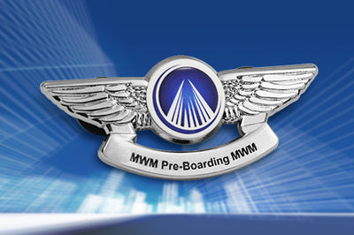 Custom Pilot Wings Pin Silver In Financial Management Corporate Identity Case With 3D Wings And Blue Circular Center Featuring Custom 'MWM Pre-Boarding' Text