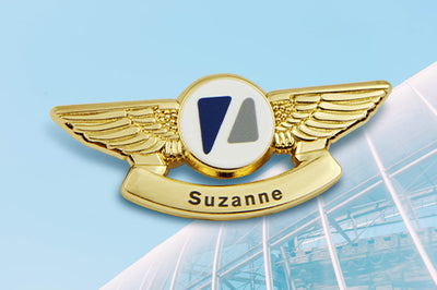 Custom Pilot Wings Pin Gold In Insurance Industry Employee Recognition Case With 3D Dimensional Design And Custom Text