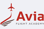 Avia Flight Academy Logo Featuring Red and Gray Stylized Airplane and Typography on White Background for Professional Aviation Training Partnership Recognition