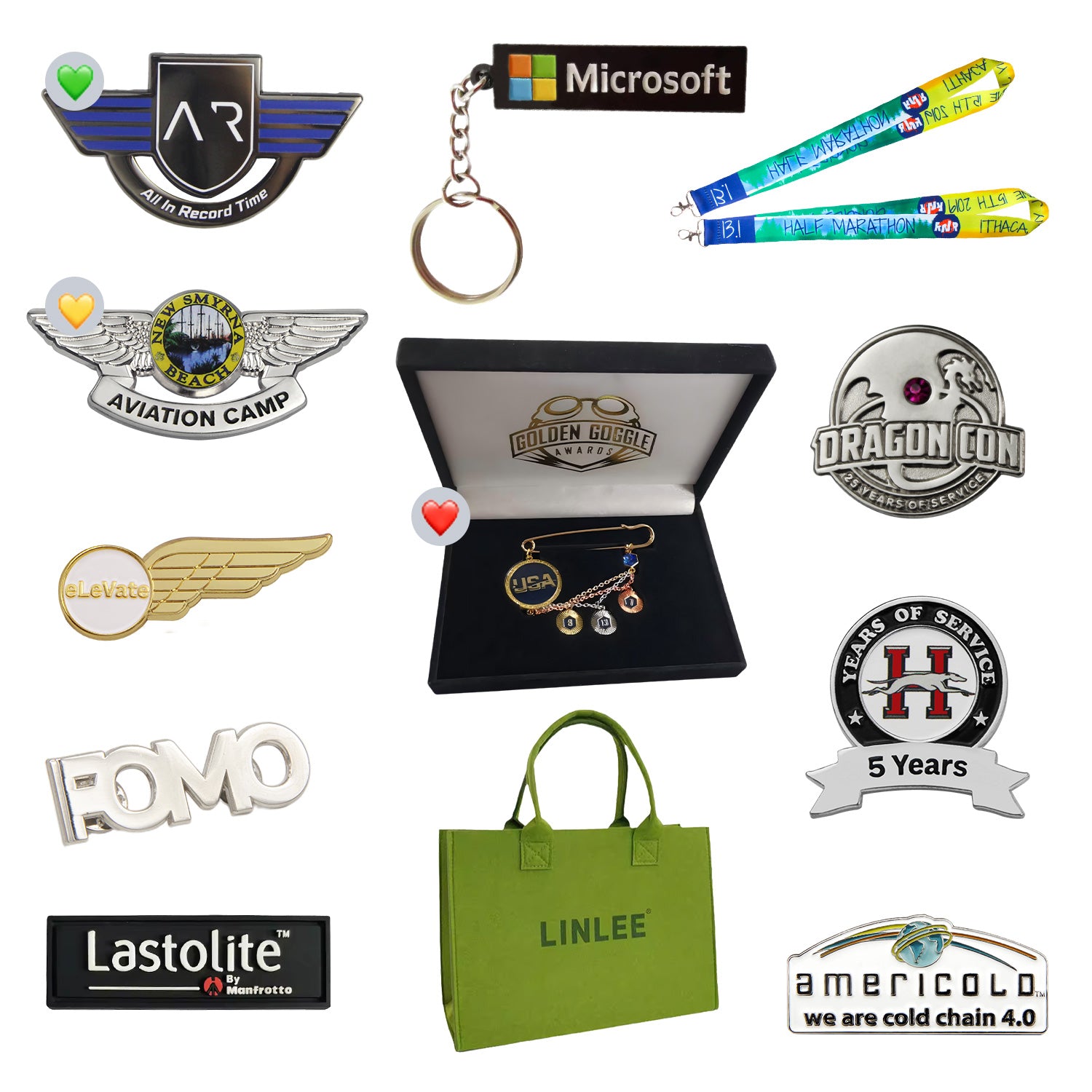 Full custom logo merchandise series; unique designs with gemstones, cutout shapes, keychains, lanyards, branded gifts.