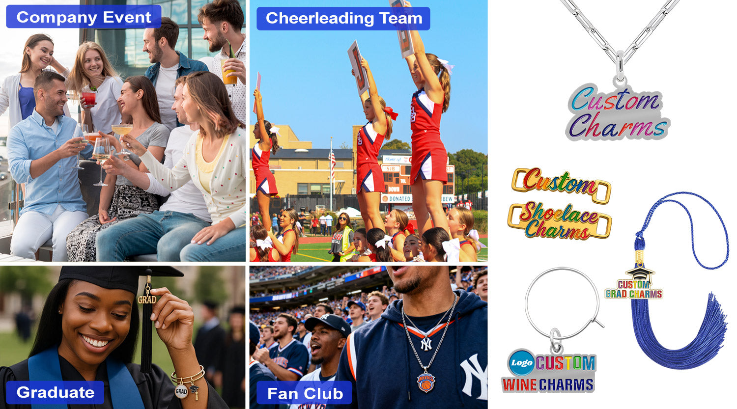 Custom charms; showcasing Custom shoe charms, Graduation tassel charm, and Custom Wine Charms in various use cases