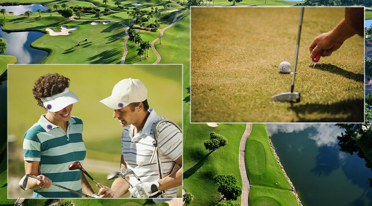Collage of golf course scenes showing accessories and equipment in natural use environments