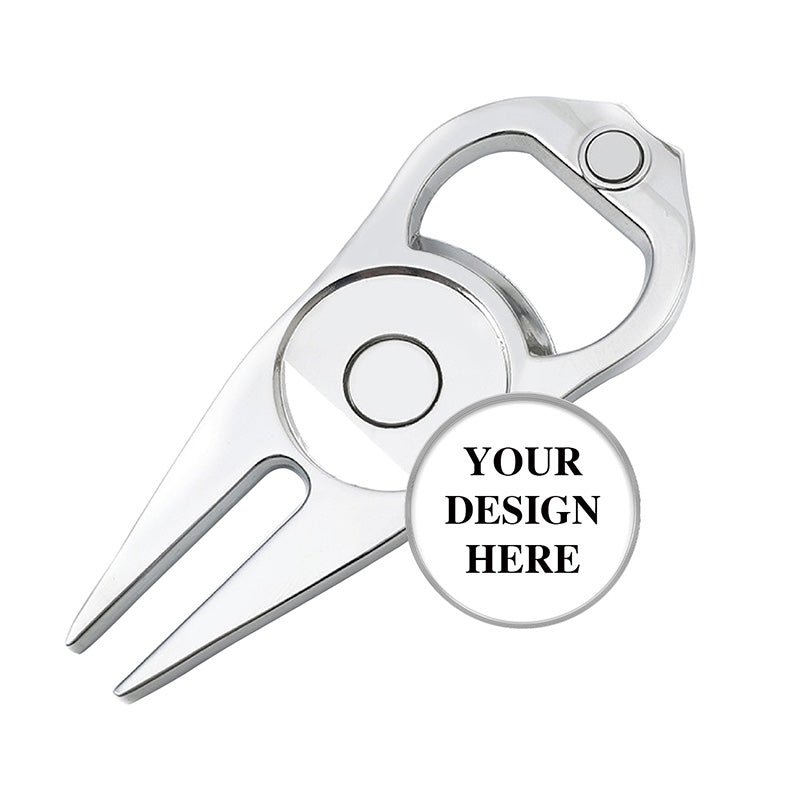 Golf ball marker coin with magnetic backing for easy attachment, featuring a customizable surface for logos or text.