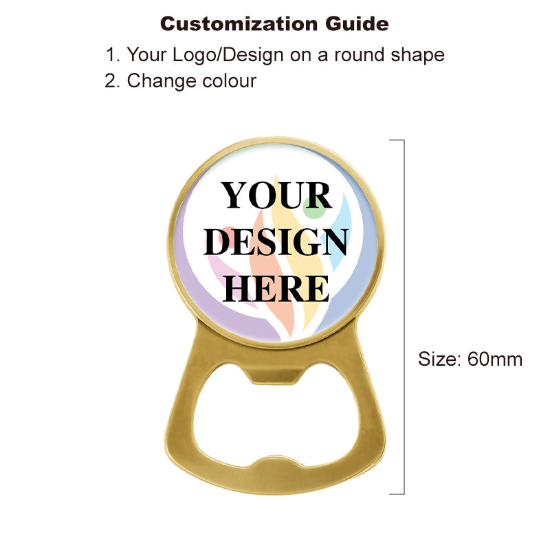gold bottle cap opener with fridge magnet back, custom logo available