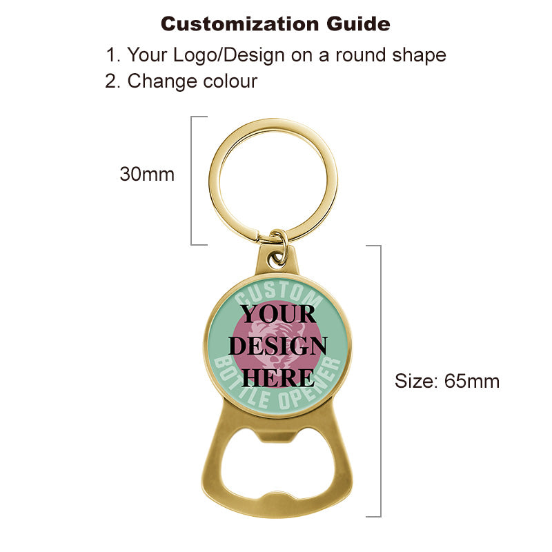gold bottle cap opener keychain with size details and custom logo engraving