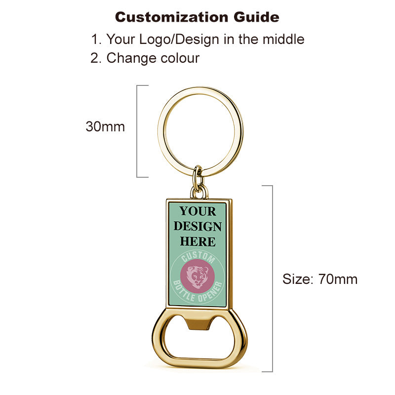 gold bottle opener keychain with measurement reference and custom engraving
