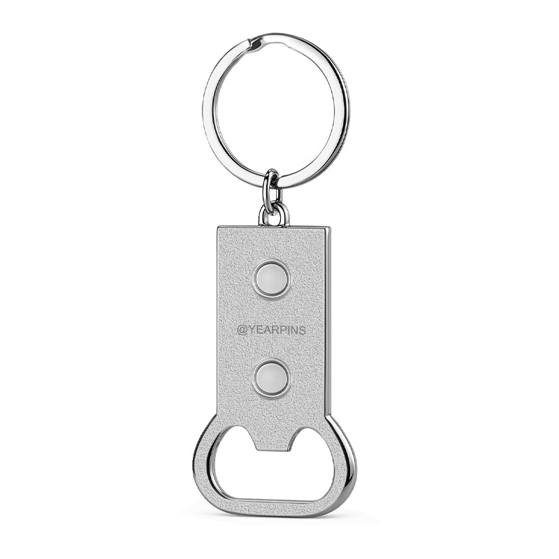 back view of silver Bottle Opener Keychain showing integrated magnet and keyring function