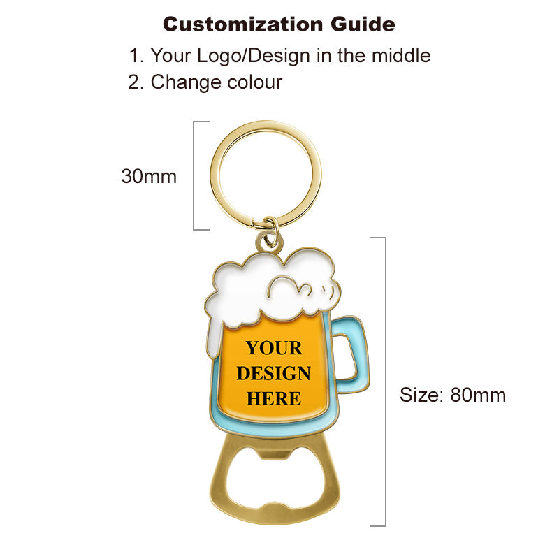 gold zinc alloy beer bottle opener in beer mug shape with foam top, includes size reference and custom logo options on cup body
