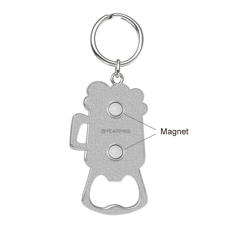 back view of silver beer mug-shaped opener showing integrated magnet and keyring function