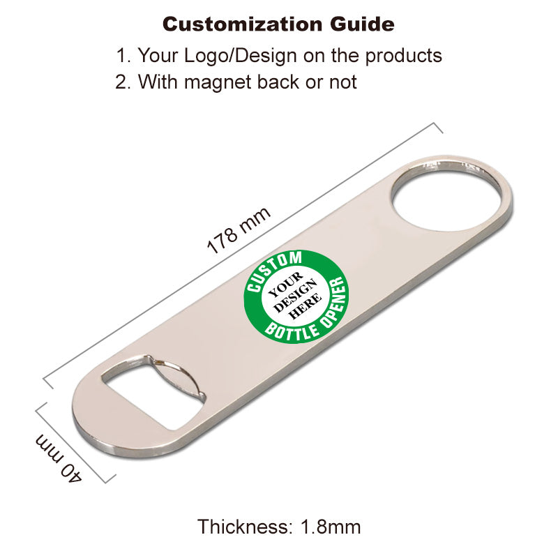 silver flat bottle opener with custom logo and size details
