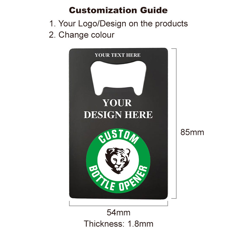 black credit card bottle opener with size reference and custom engraving
