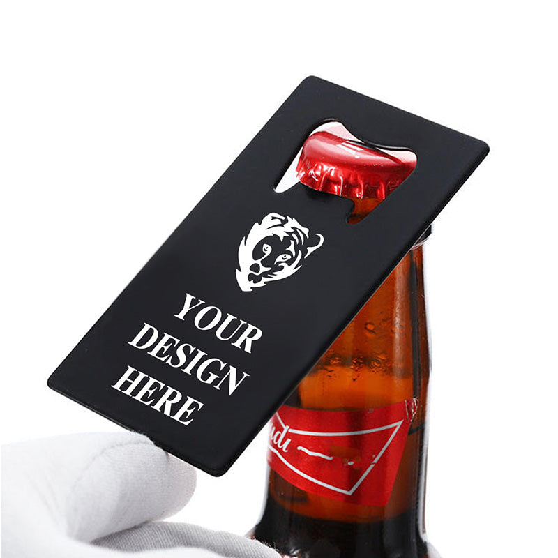 black credit card-style bottle opener shown in real use scenarios