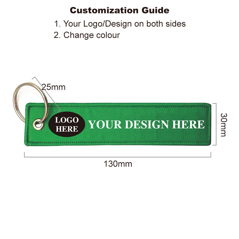 green remove before flight tag with size info and custom embroidery